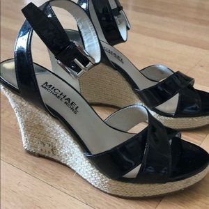 Black patent leather wedges